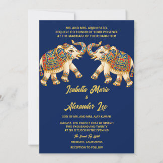 Invitation Élégant Bleu Or Éléphant Indien Mariage
