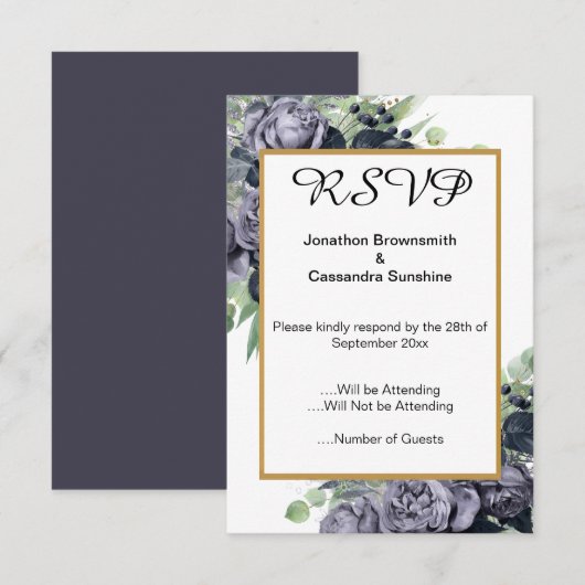 INVITATION ÉLÉGANT BLEU OR EUCALYPTUS ROSE RSVP (Devant / Derrière)