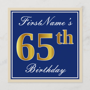 Invitation Elégant, Bleu, Or Faux 65e Anniversaire + Nom