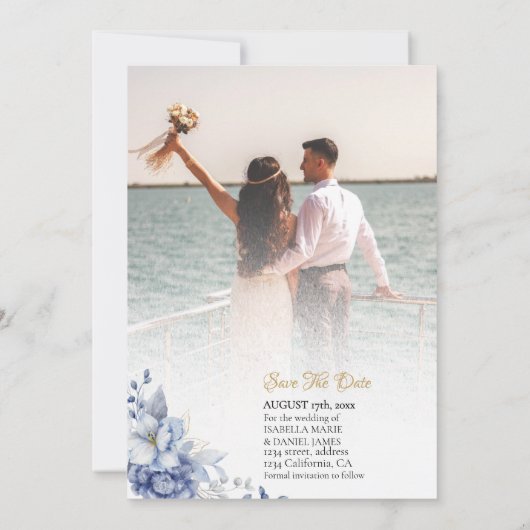 Invitation Elégant Bleu or Floral Mariage Enregistrer La Date (Dos)