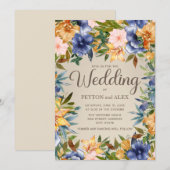 Invitation Elégant bleu orange aquarelle Floral. Mariage (Devant / Derrière)