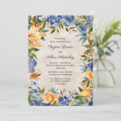Invitation Elégant bleu orange aquarelle Mariage floral (Debout devant)