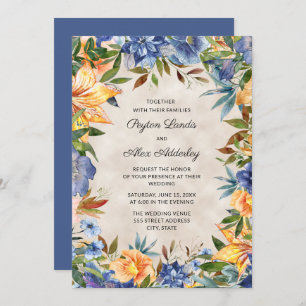Invitation Elégant bleu orange aquarelle Mariage floral