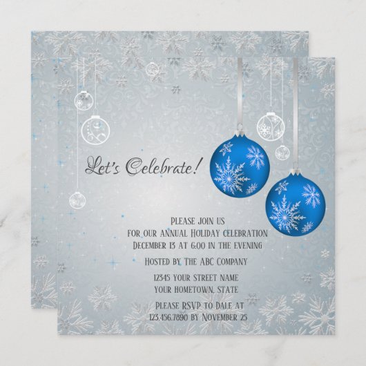 Invitation Élégant Bleu Ornements Silver Snowflakes Noël (Devant / Derrière)