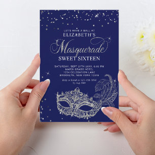 Invitation Elégant bleu Parties scintillant argent Masquerade