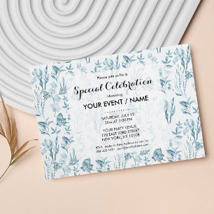 Invitation Elégant bleu pastel papillon vintage floral