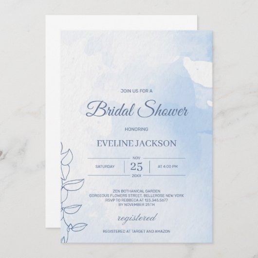 Invitation Elégant bleu poussiéreux aquarelle classique (Devant / Derrière)