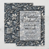 Invitation Elégant bleu poussiéreux argent blanc gris gris fl (Devant / Derrière)