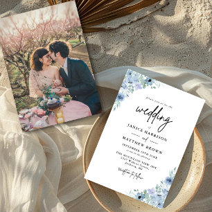 Invitation Élégant Bleu Poussiéreux Floral Photo Mariage