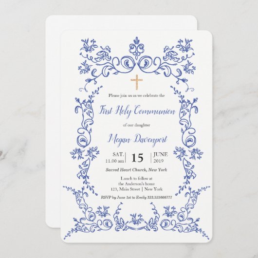 Invitation Élégant bleu Première Sainte Communion (Devant / Derrière)