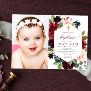 Invitation Elégant bleu rose bordeaux bleu marine photo de ba