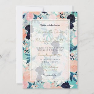 Invitation Elégant bleu rose Fleurs de menthe Aquarelle Flora