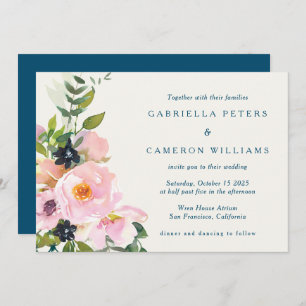 Invitation Elégant bleu rose Floral Aquarelle Mariage moderne