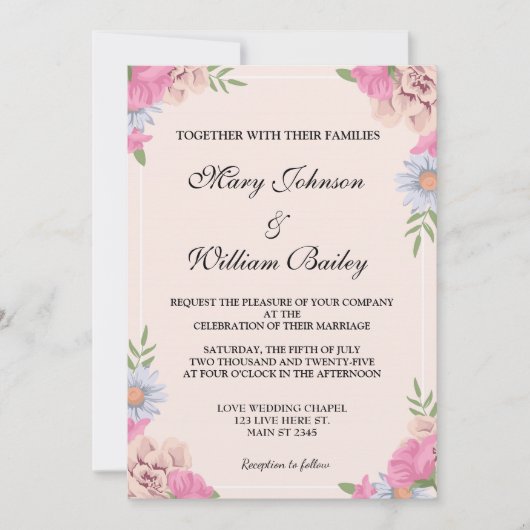 Invitation Elégant bleu rose Floral Fleurs de mariage sur mes (Devant)