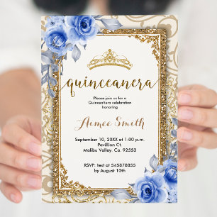 Invitation Elégant bleu Rose Floral Gold Mis Quince