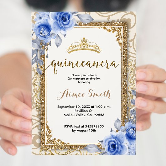 Invitation Elégant bleu Rose Floral Gold Mis Quince