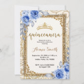 Invitation Elégant bleu Rose Floral Gold Mis Quince (Devant)
