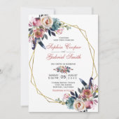 Invitation Élégant bleu rose floral | Mariage Gold Frame (Devant)