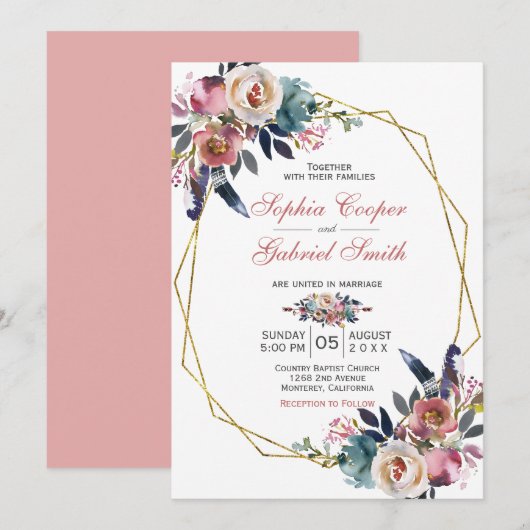 Invitation Élégant bleu rose floral | Mariage Gold Frame (Devant / Derrière)
