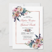 Invitation Élégant bleu rose floral | Mariage Rose Gold Frame (Devant)
