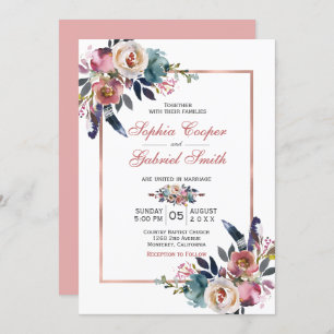 Invitation Élégant bleu rose floral   Mariage Rose Gold Frame