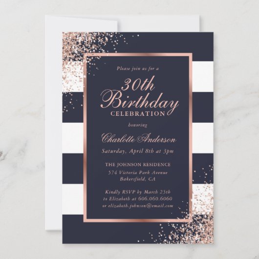 Invitation Elégant bleu Rose Gold Confetti 30e anniversaire (Devant)