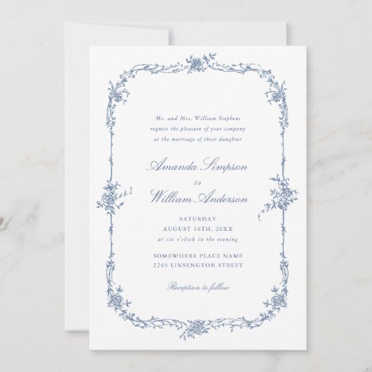 Invitation Elégant bleu Rose jardin mariage code QR (Devant)