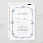 Invitation Elégant bleu Rose jardin mariage code QR (Devant / Derrière)