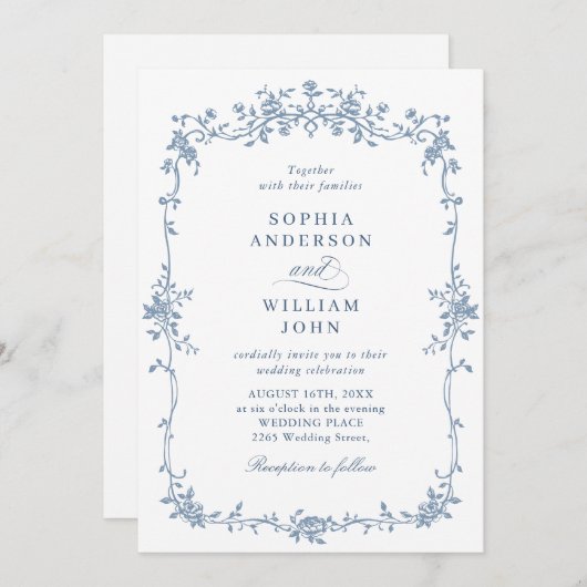 Invitation Elégant bleu Rose jardin mariage code QR (Devant / Derrière)