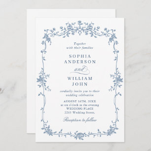 Invitation Elégant bleu Rose jardin mariage code QR