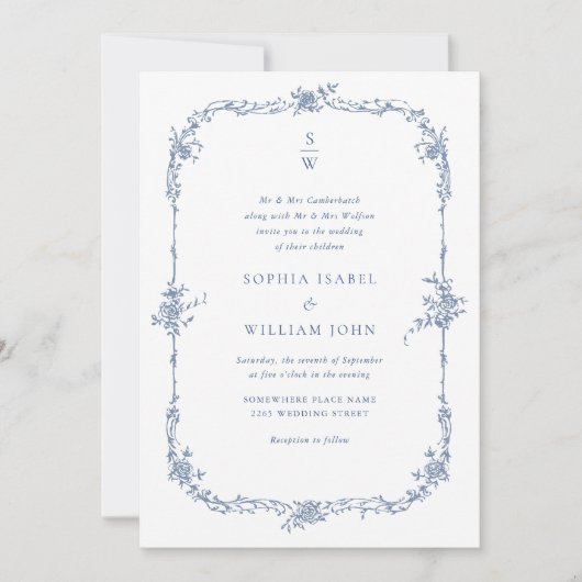 Invitation Elégant bleu Rose jardin mariage code QR (Devant)