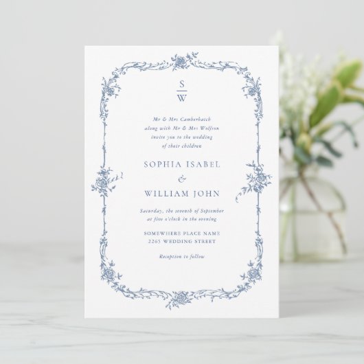 Invitation Elégant bleu Rose jardin mariage code QR (Debout devant)