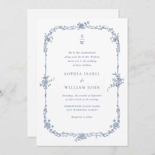Invitation Elégant bleu Rose jardin mariage code QR (Devant / Derrière)