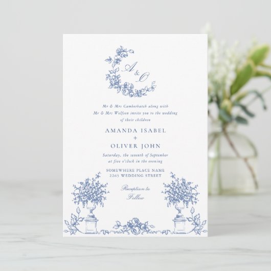 Invitation Elégant bleu Rose jardin mariage code QR (Debout devant)