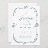 Invitation Elégant bleu Rose jardin mariage code QR (Devant / Derrière)