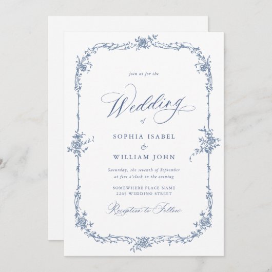 Invitation Elégant bleu Rose jardin mariage code QR (Devant / Derrière)