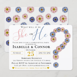 Invitation Elégant bleu rose Lui ou Elle Floral Genre Reveill