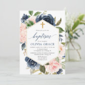 Invitation Elégant bleu rose marine fille baptême floral (Debout devant)