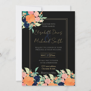 Invitation Elégant bleu rose orange Fleurs noir floral