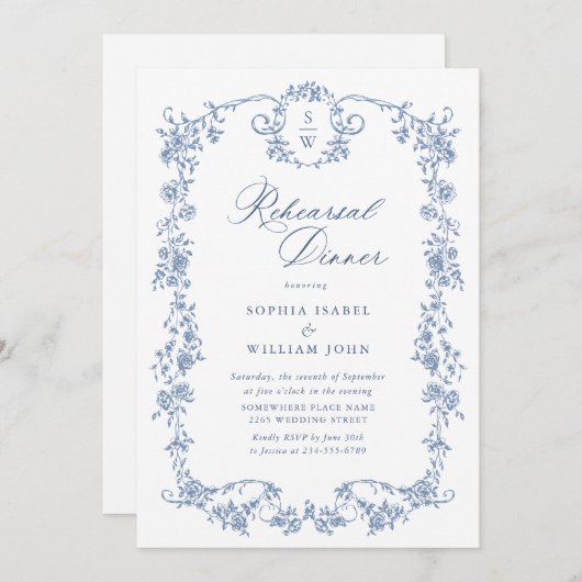 Invitation Elégant Bleu Rose Toile Reprêtre Dîner (Devant / Derrière)