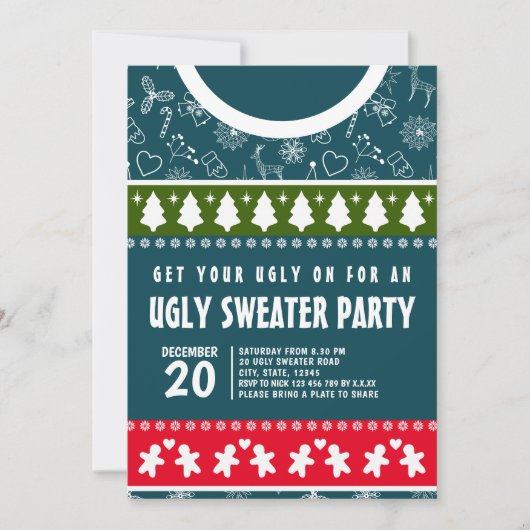 Invitation Élégant Bleu Rouge et Vert Douleur moche Fête de N (Devant)