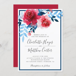 Invitation Elégant bleu rouge Floral Aquarelle Rose Mariage