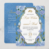 Invitation Élégant Bleu Royal Floral et Or (Devant / Derrière)