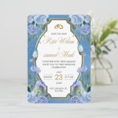 Invitation Élégant Bleu Royal Floral et Or (Debout devant)