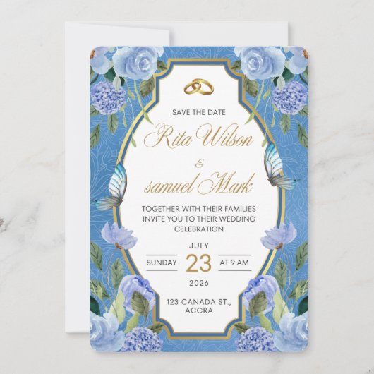 Invitation Élégant Bleu Royal Floral et Or (Devant)