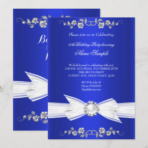 Invitation Élégant Bleu Royal Perle Blanche Bijou Nœud Annive