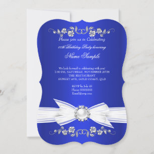 Invitation Élégant Bleu Royal Perle Blanche Bijou Nœud Annive