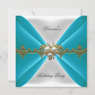 Invitation Élégant Bleu Sarcelle Anniversaire Or Bijou Blanc