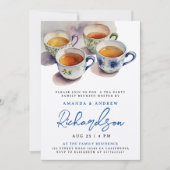 Invitation Elégant Bleu Script Tea Party Réunion aquarelle (Devant)