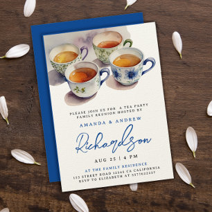 Invitation Elégant Bleu Script Tea Party Réunion aquarelle